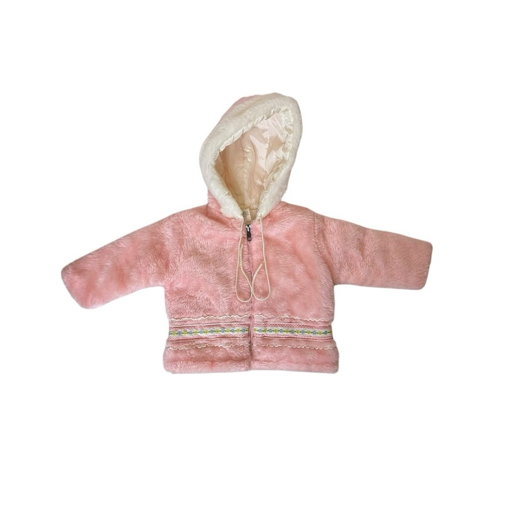 Be Mine Faux Pink Fur‎ Coat Attached Hood Embroidered Flowers Girls 24 Months